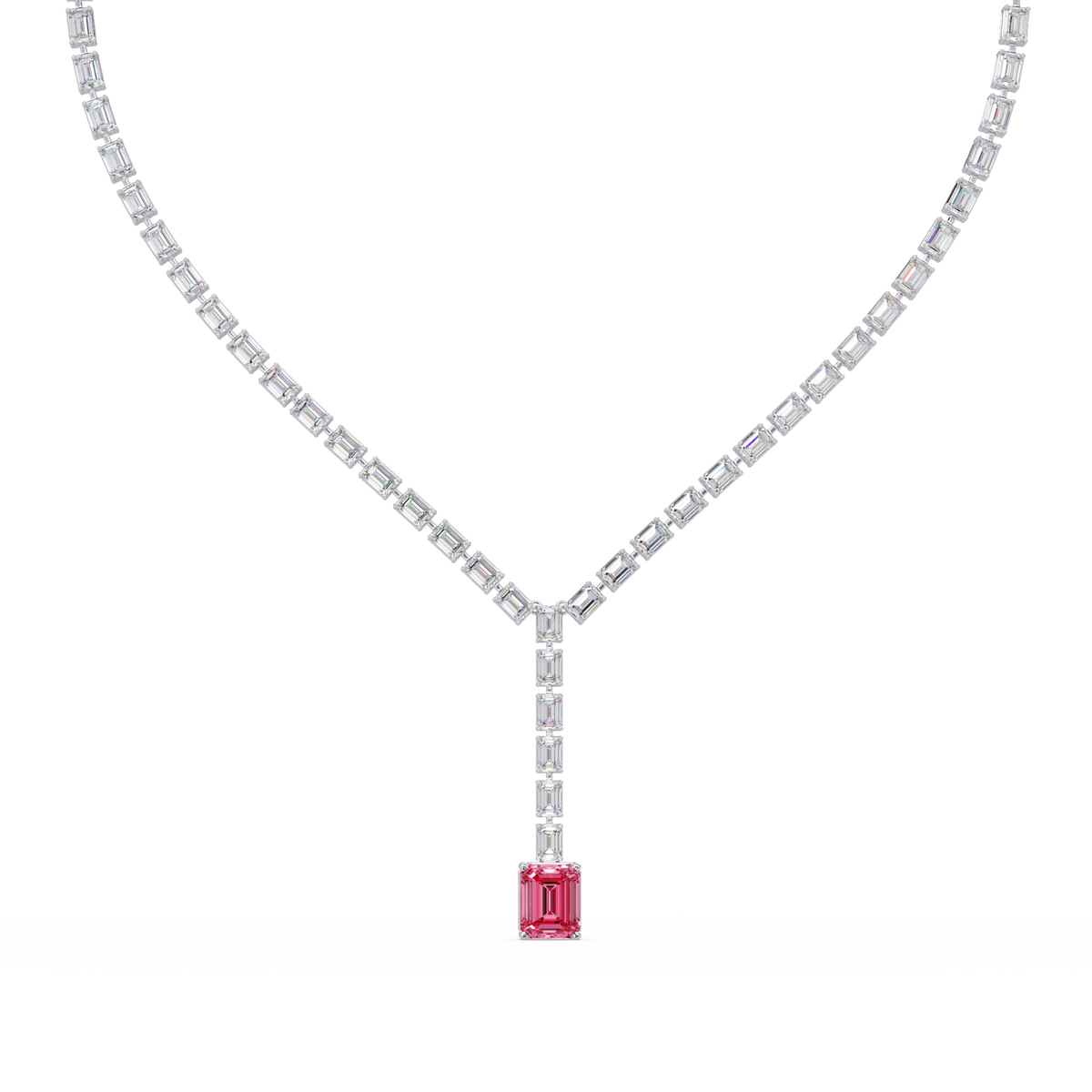 Emerald-cut tourmaline pink colorstone tennis necklace in white gold