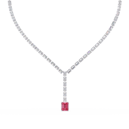 Emerald-cut tourmaline pink colorstone tennis necklace in white gold