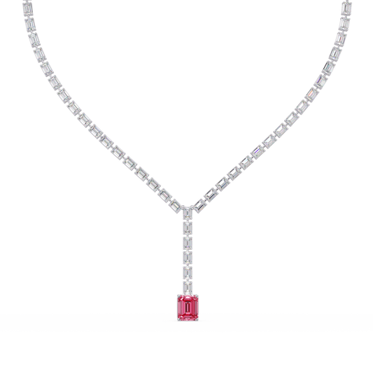 Emerald-cut tourmaline pink colorstone tennis necklace in white gold