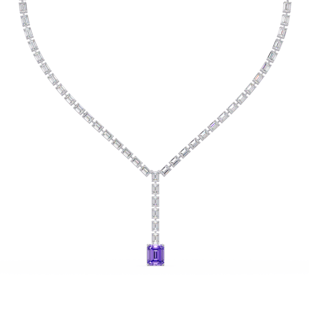 Emerald-cut amethyst purple colorstone tennis necklace in white gold