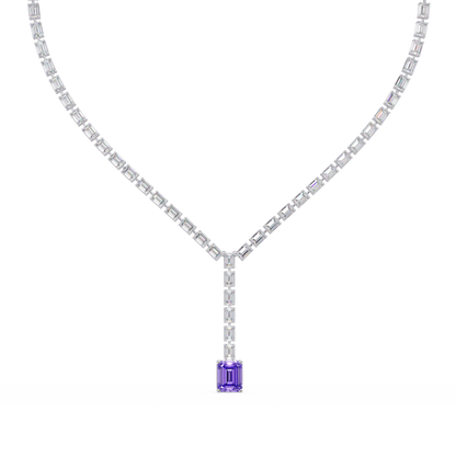 Emerald-cut amethyst purple colorstone tennis necklace in white gold