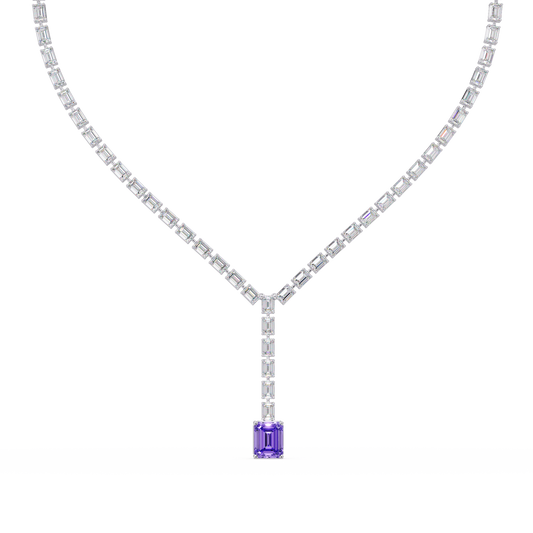 Emerald-cut amethyst purple colorstone tennis necklace in white gold