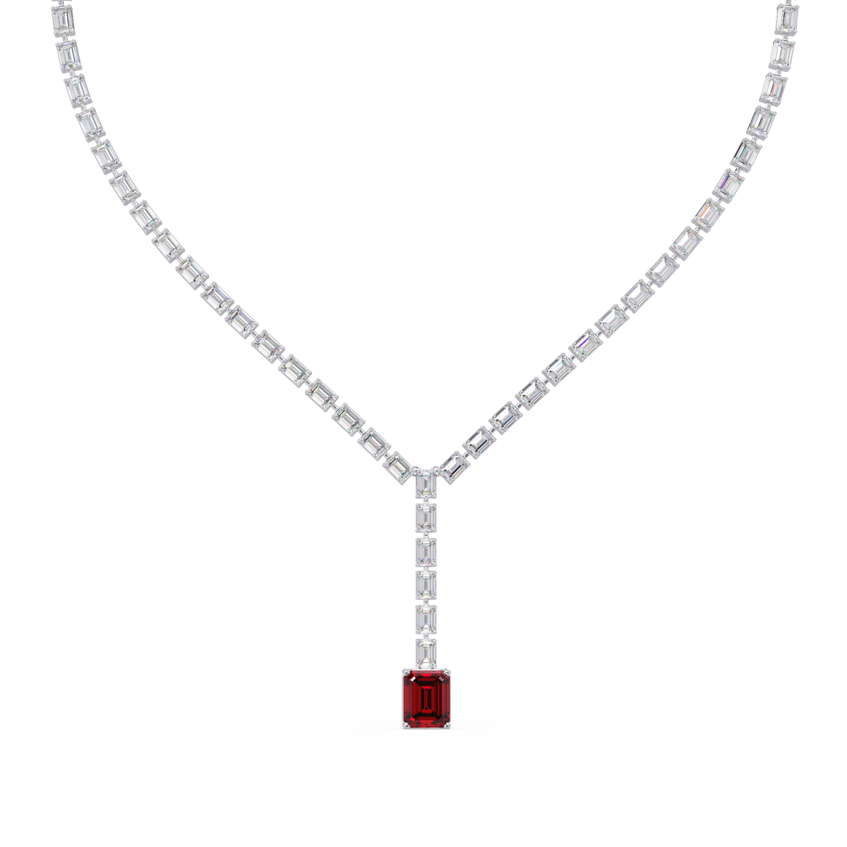 Emerald-cut ruby red colorstone tennis necklace in white gold