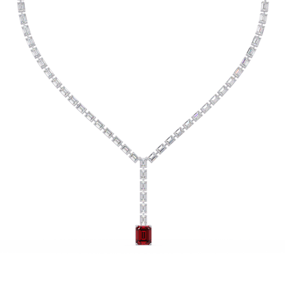 Emerald-cut ruby red colorstone tennis necklace in white gold