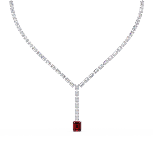 Emerald-cut ruby red colorstone tennis necklace in white gold