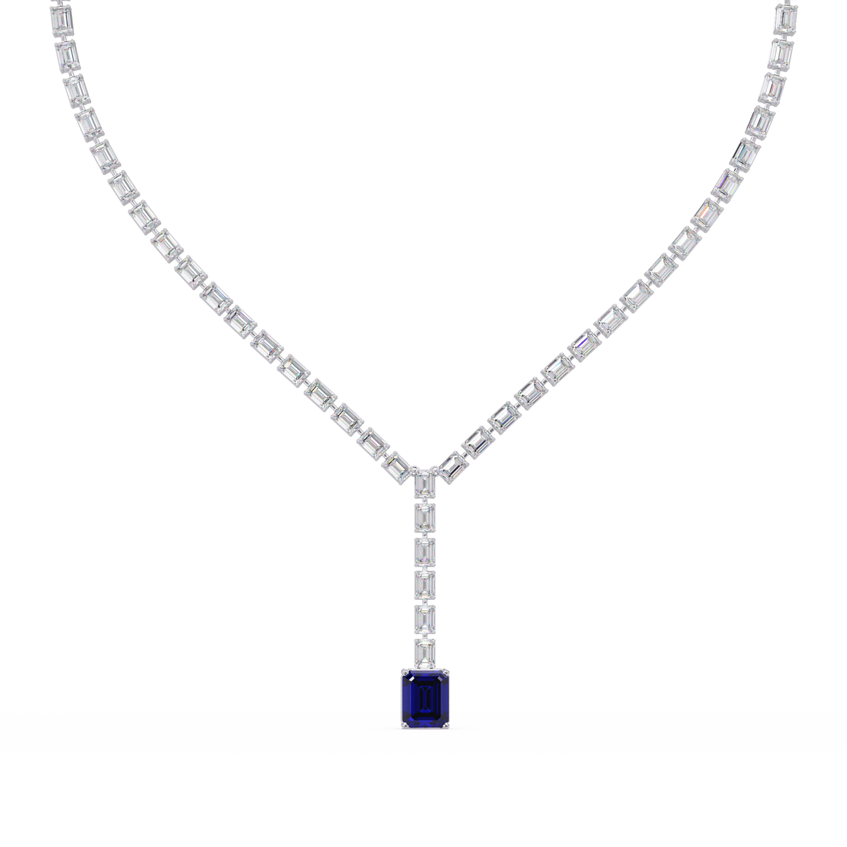 Emerald-cut sapphire blue colorstone tennis necklace in white gold