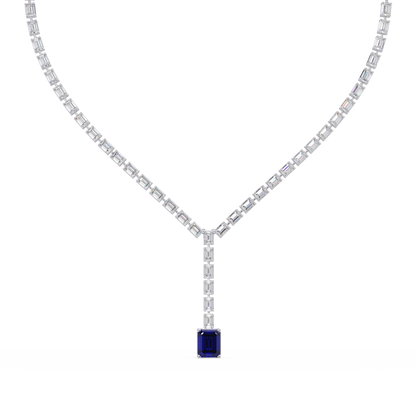 Emerald-cut sapphire blue colorstone tennis necklace in white gold