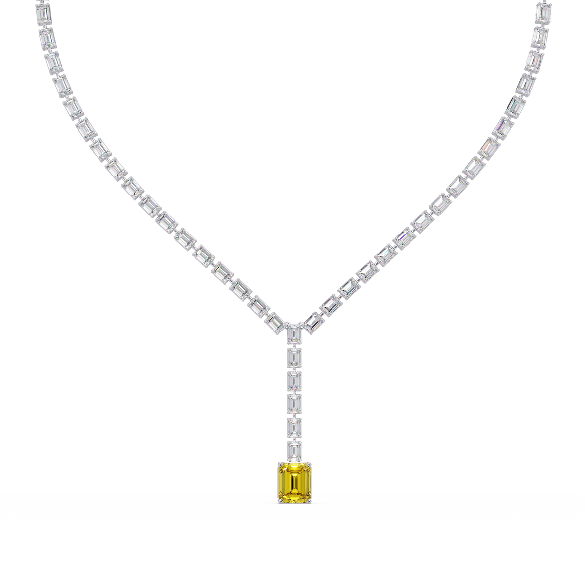 Emerald-cut citrine yellow colorstone tennis necklace in white gold
