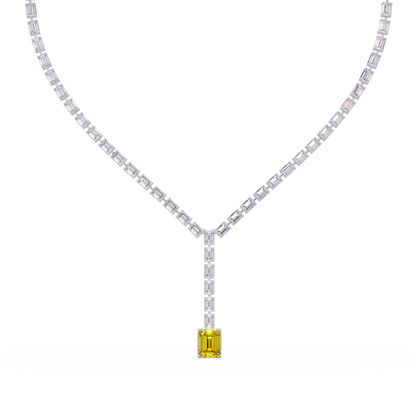 Emerald-cut citrine yellow colorstone tennis necklace in white gold