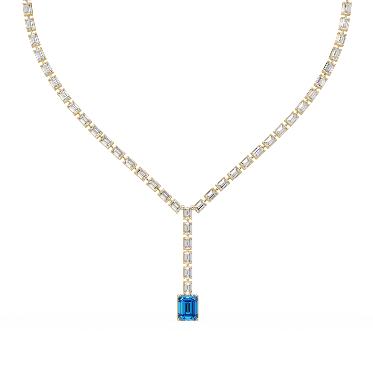 Emerald-cut aquamarine blue colorstone tennis necklace in yellow gold