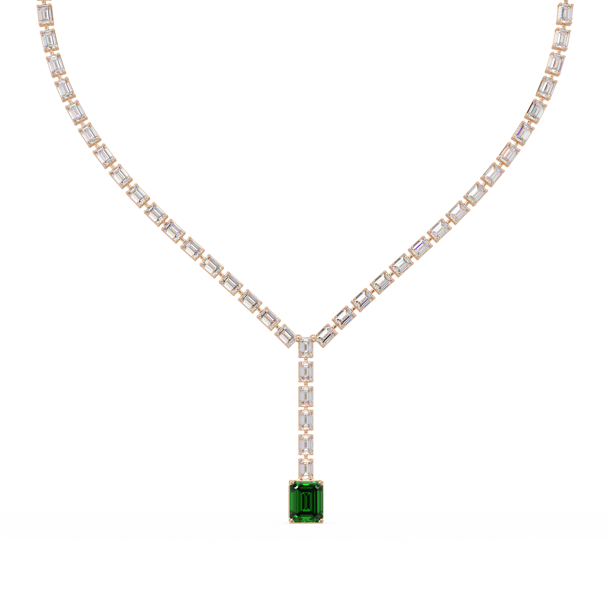 Emerald-cut emerald green colorstone tennis necklace in yellow gold