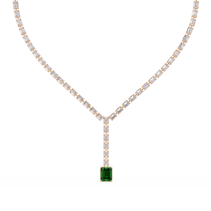 Emerald-cut emerald green colorstone tennis necklace in yellow gold