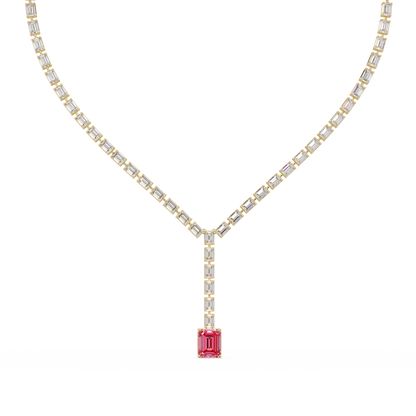 Emerald-cut tourmaline pink colorstone tennis necklace in yellow gold