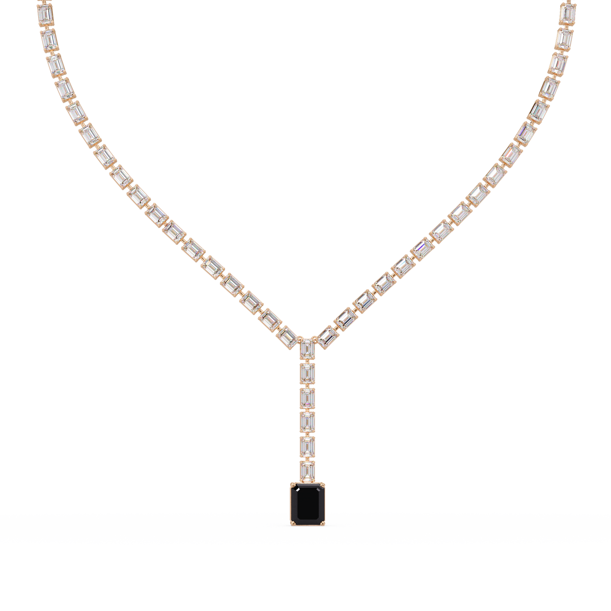 Emerald-cut tourmaline pink colorstone tennis necklace in yellow gold