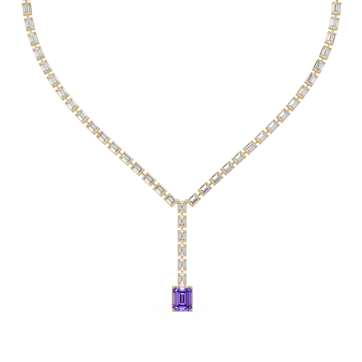 Emerald-cut amethyst purple colorstone tennis necklace in yellow gold