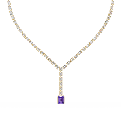 Emerald-cut amethyst purple colorstone tennis necklace in yellow gold