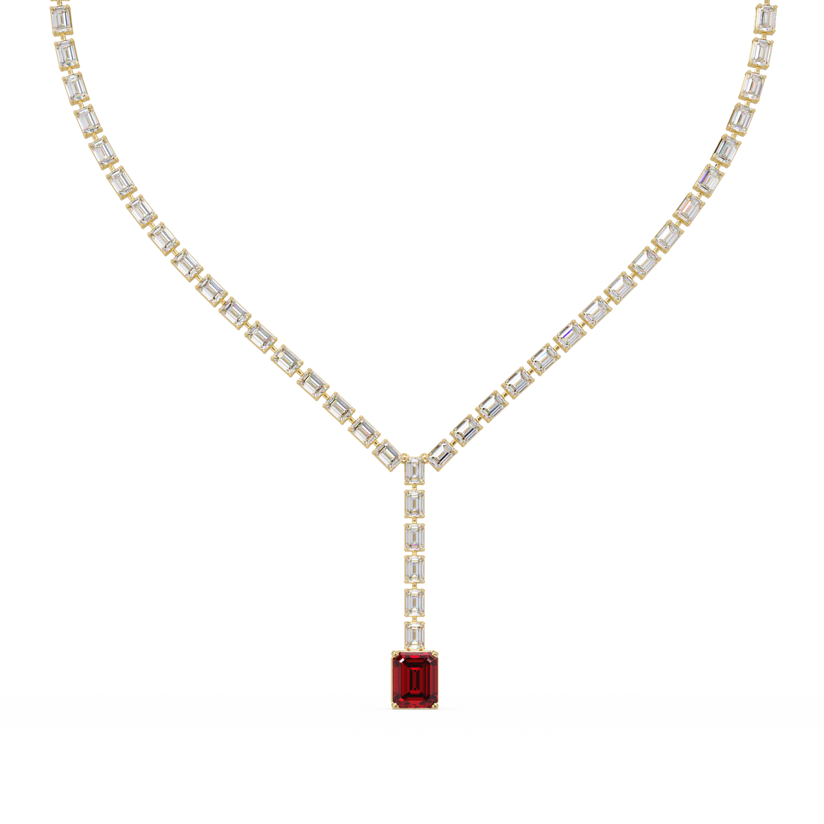 Emerald-cut ruby red colorstone tennis necklace in yellow gold