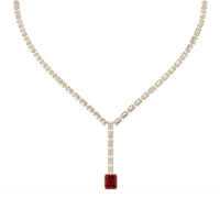 Emerald-cut ruby red colorstone tennis necklace in yellow gold