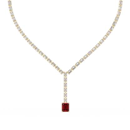 Emerald-cut ruby red colorstone tennis necklace in yellow gold