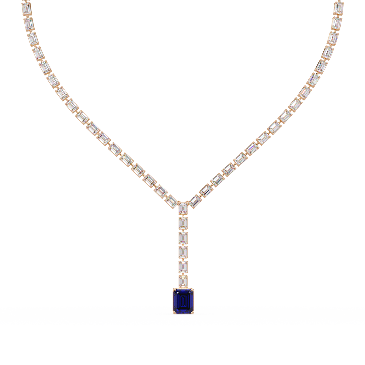 Emerald-cut sapphire blue colorstone tennis necklace in yellow gold