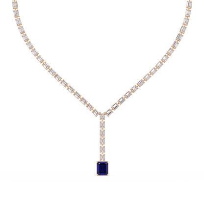 Emerald-cut sapphire blue colorstone tennis necklace in yellow gold