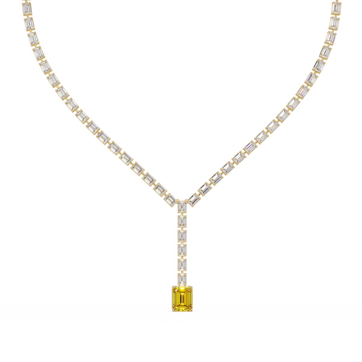 Emerald-cut citrine yellow colorstone tennis necklace in yellow gold