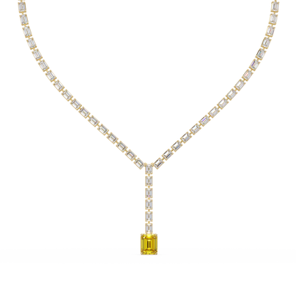 Emerald-cut citrine yellow colorstone tennis necklace in yellow gold