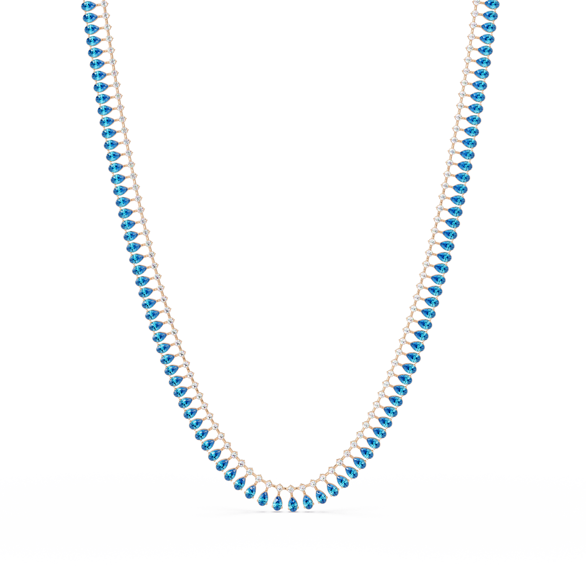 19.4 CTW Pear & Round Colorstone Tennis Necklace – Aquamarine Blue – Yellow Gold