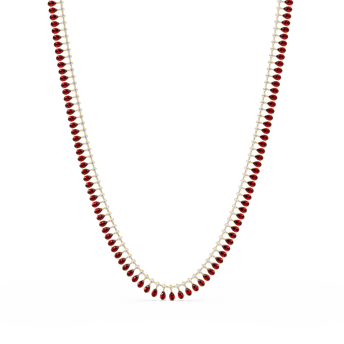 19.4 CTW Pear & Round Colorstone Tennis Necklace – Ruby Red – Yellow Gold