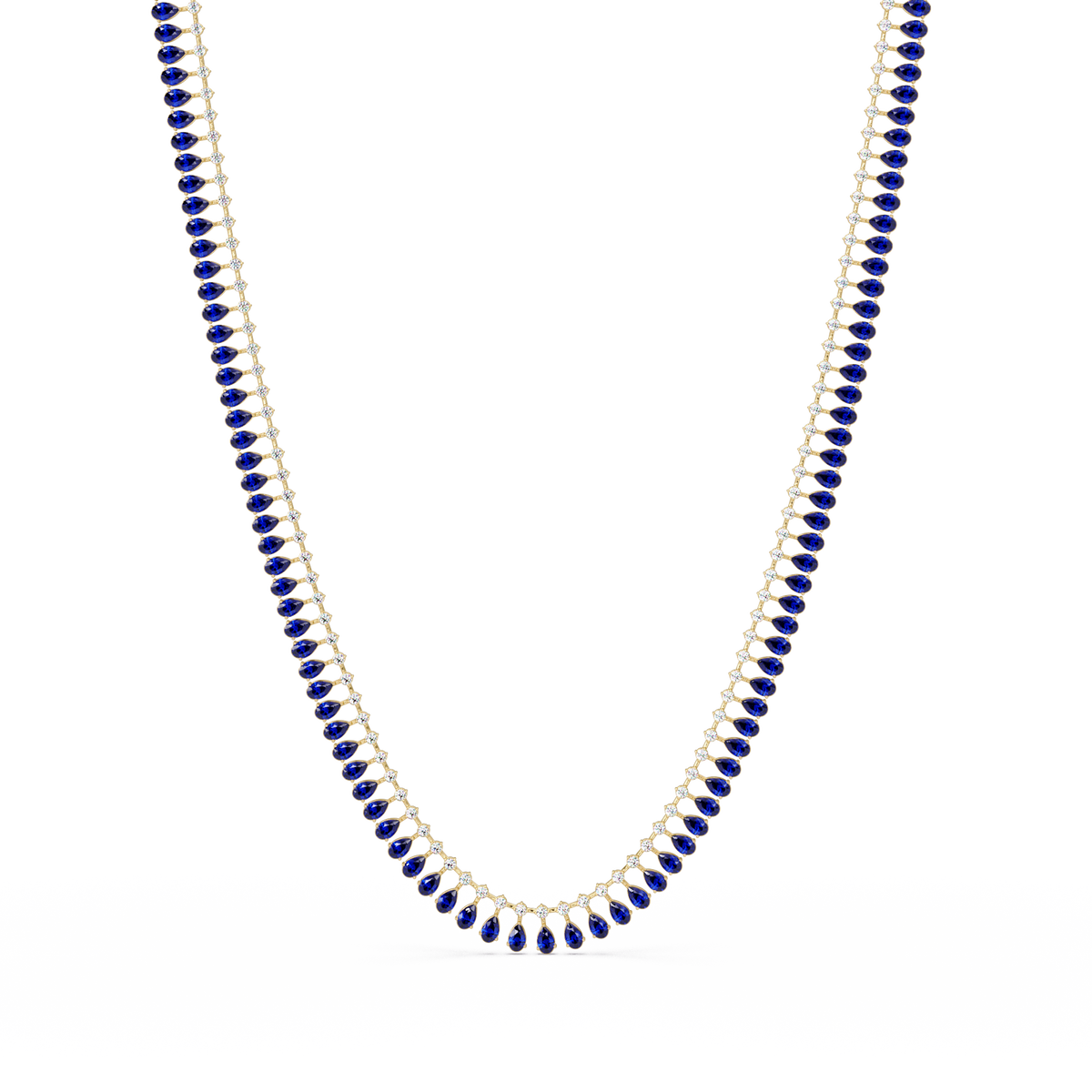 19.4 CTW Pear & Round Colorstone Tennis Necklace – Sapphire Blue – Yellow Gold