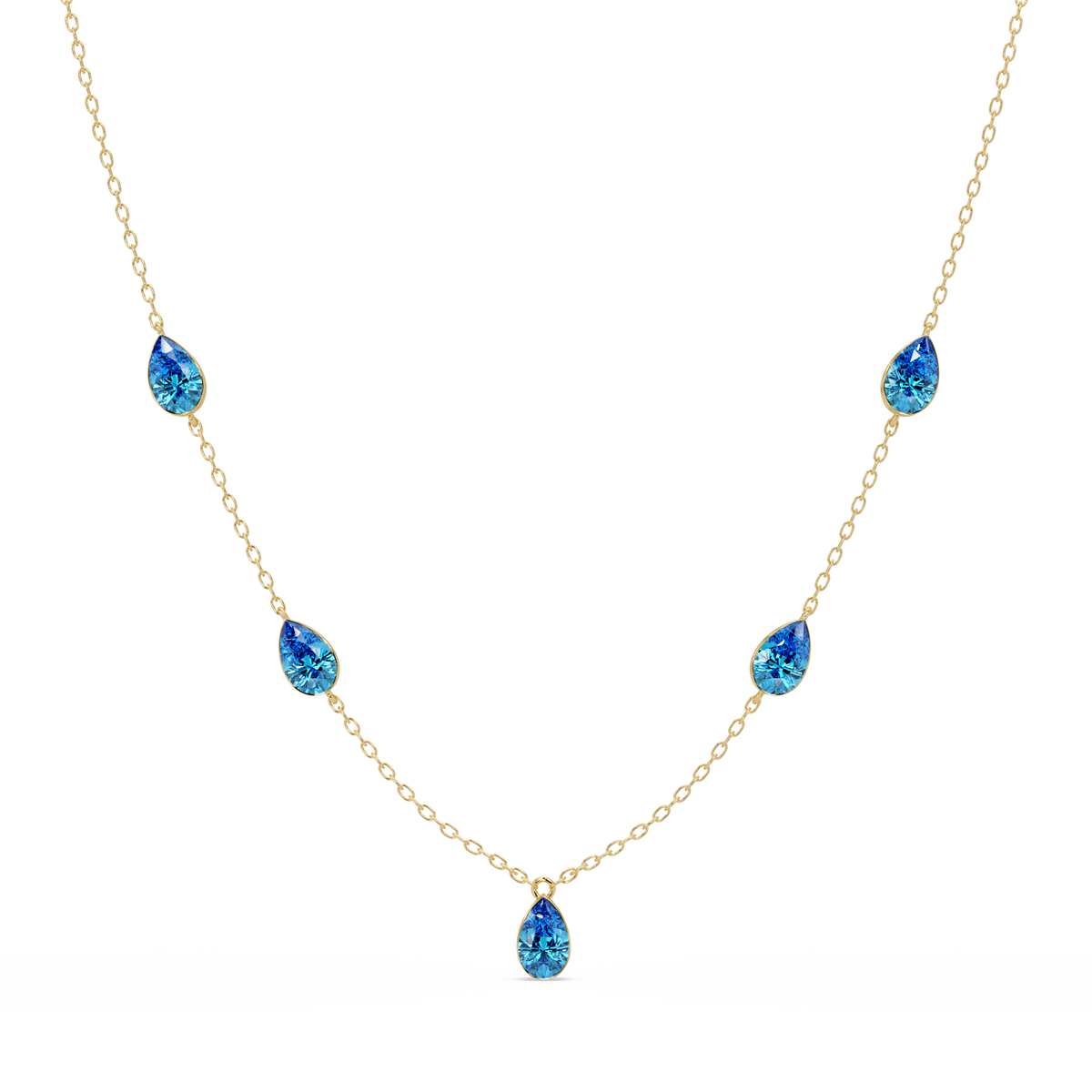 3.7 CTW Pear-Cut Colorstone Station Necklace - Yellow Gold Aquamarine Blue