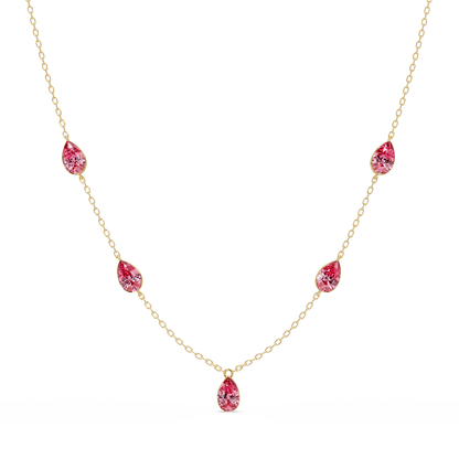 3.7 CTW Pear-Cut Colorstone Station Necklace - Yellow Gold Tourmaline Pink