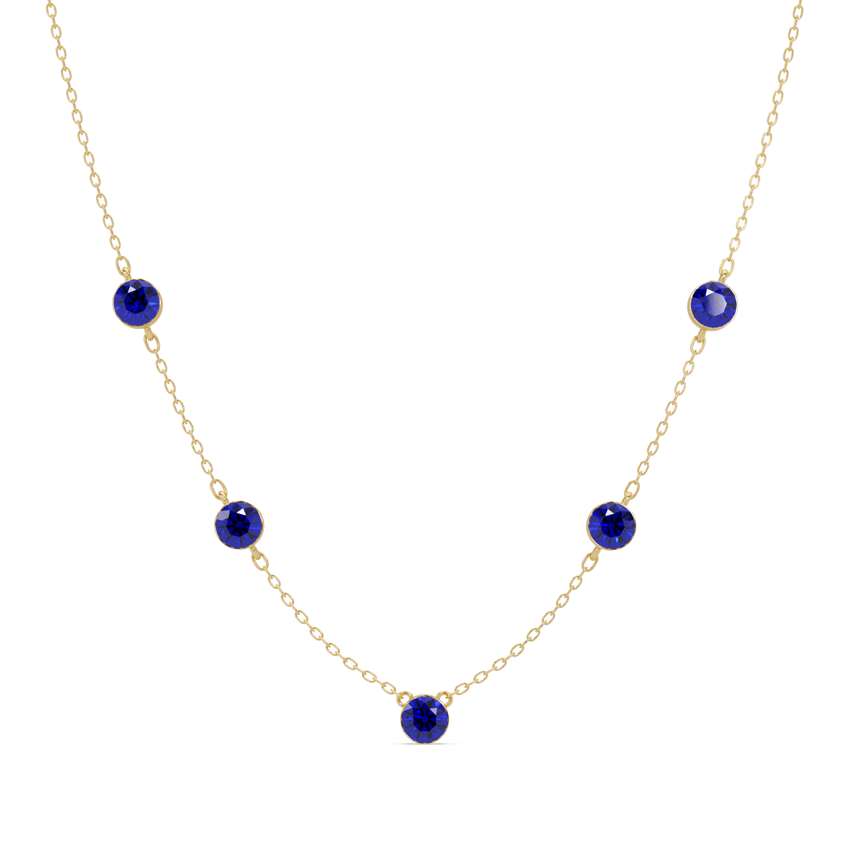 3.7 CTW Round Colorstone Station Necklace - Yellow Gold Sapphire Blue