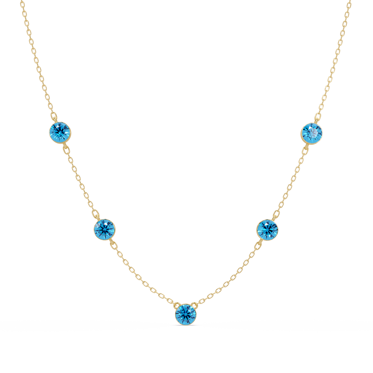 3.7 CTW Round Colorstone Station Necklace - Yellow Gold Aquamarine Blue