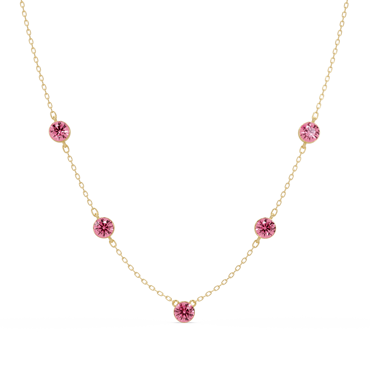 3.7 CTW Round Colorstone Station Necklace - Yellow Gold Tourmaline Pink