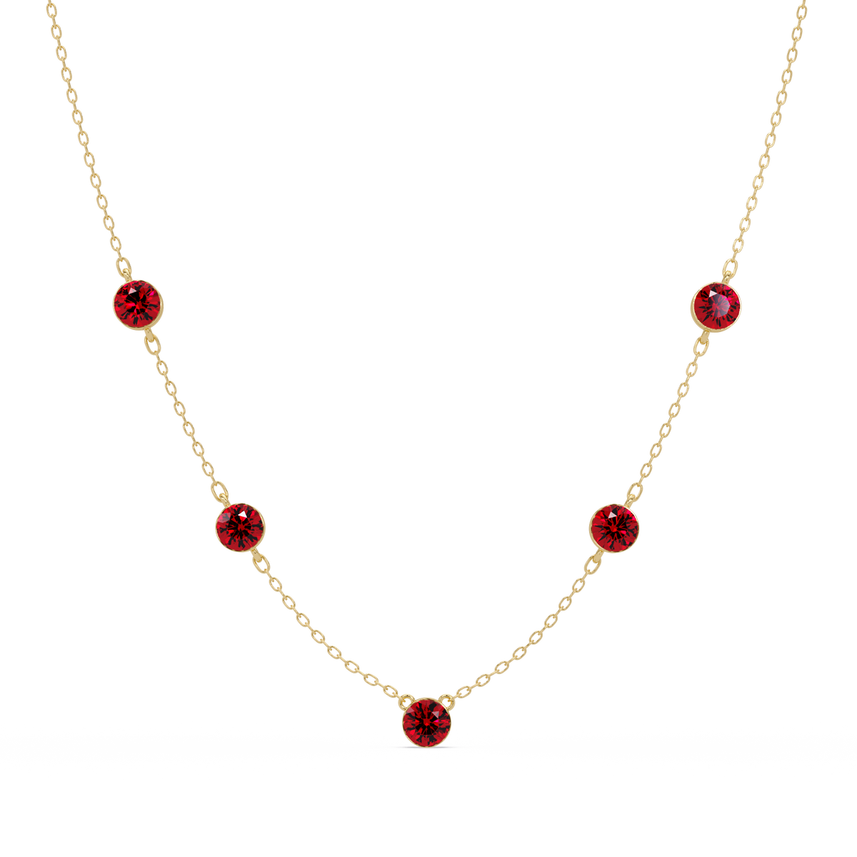 3.7 CTW Round Colorstone Station Necklace - Yellow Gold Ruby Red