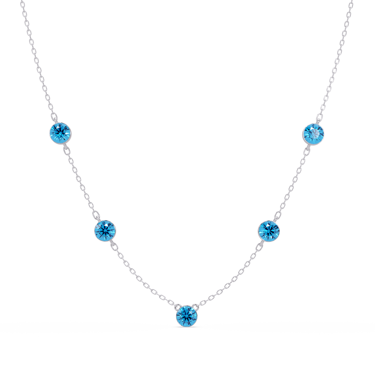 3.7 CTW Round Colorstone Station Necklace - White Gold Aquamarine Blue