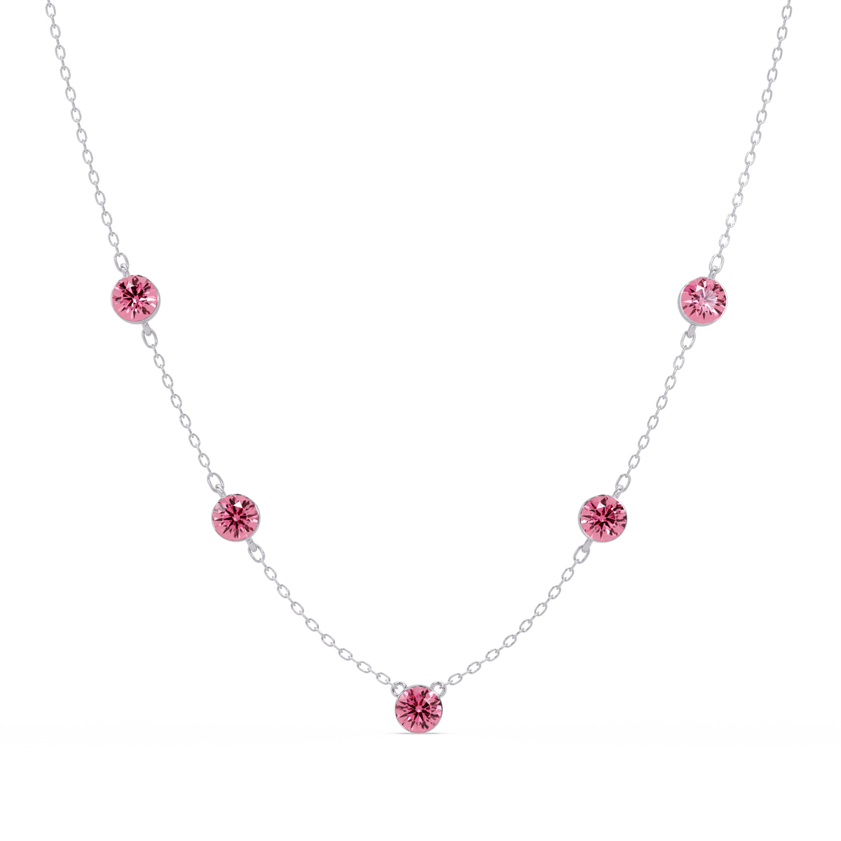3.7 CTW Round Colorstone Station Necklace - White Gold Tourmaline Pink