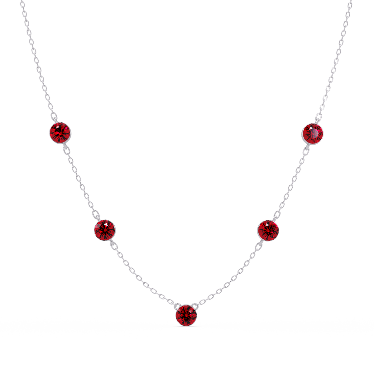 3.7 CTW Round Colorstone Station Necklace - White Gold Ruby Red