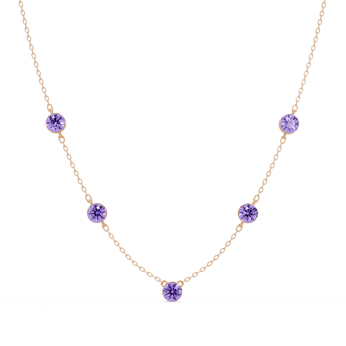 3.7 CTW Round Colorstone Station Necklace - Rose Gold Amethyst Purple