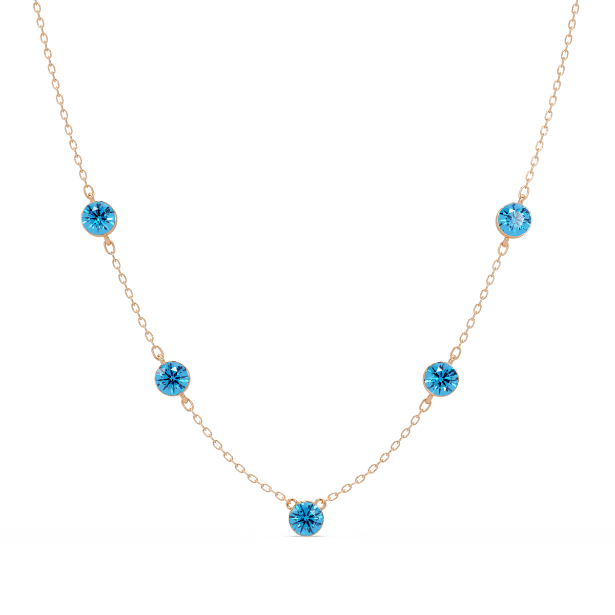 3.7 CTW Round Colorstone Station Necklace - Rose Gold Aquamarine Blue