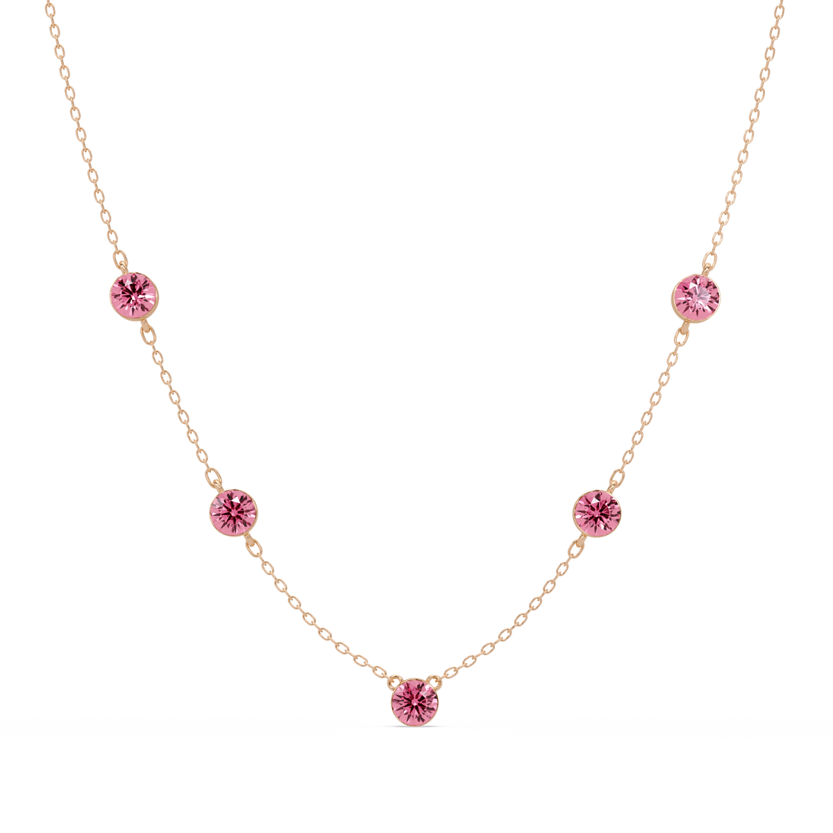 3.7 CTW Round Colorstone Station Necklace - Rose Gold Tourmaline Pink