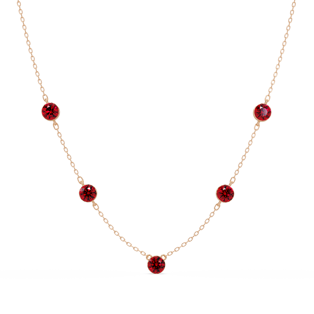3.7 CTW Round Colorstone Station Necklace - Rose Gold Ruby Red