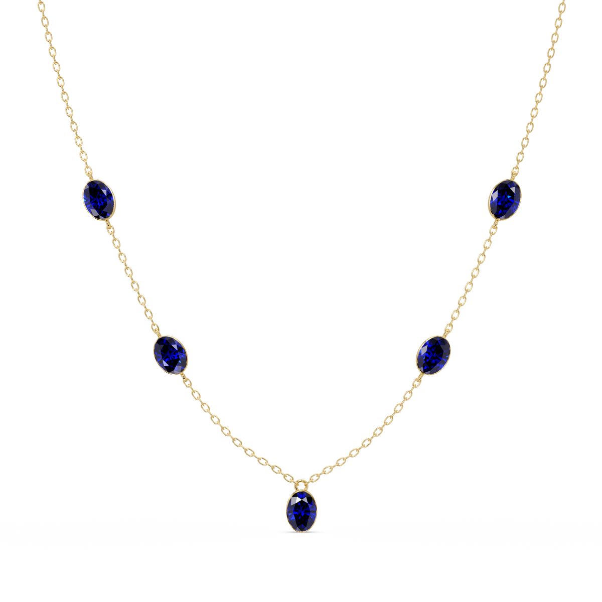 3.7 CTW Oval Colorstone Station Necklace - Yellow Gold Sapphire Blue