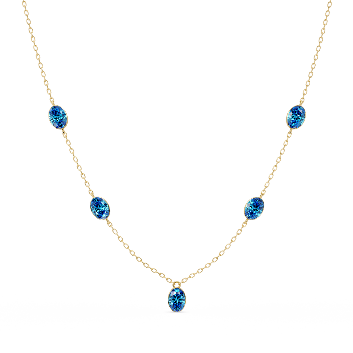 3.7 CTW Oval Colorstone Station Necklace - Yellow Gold Aquamarine Blue