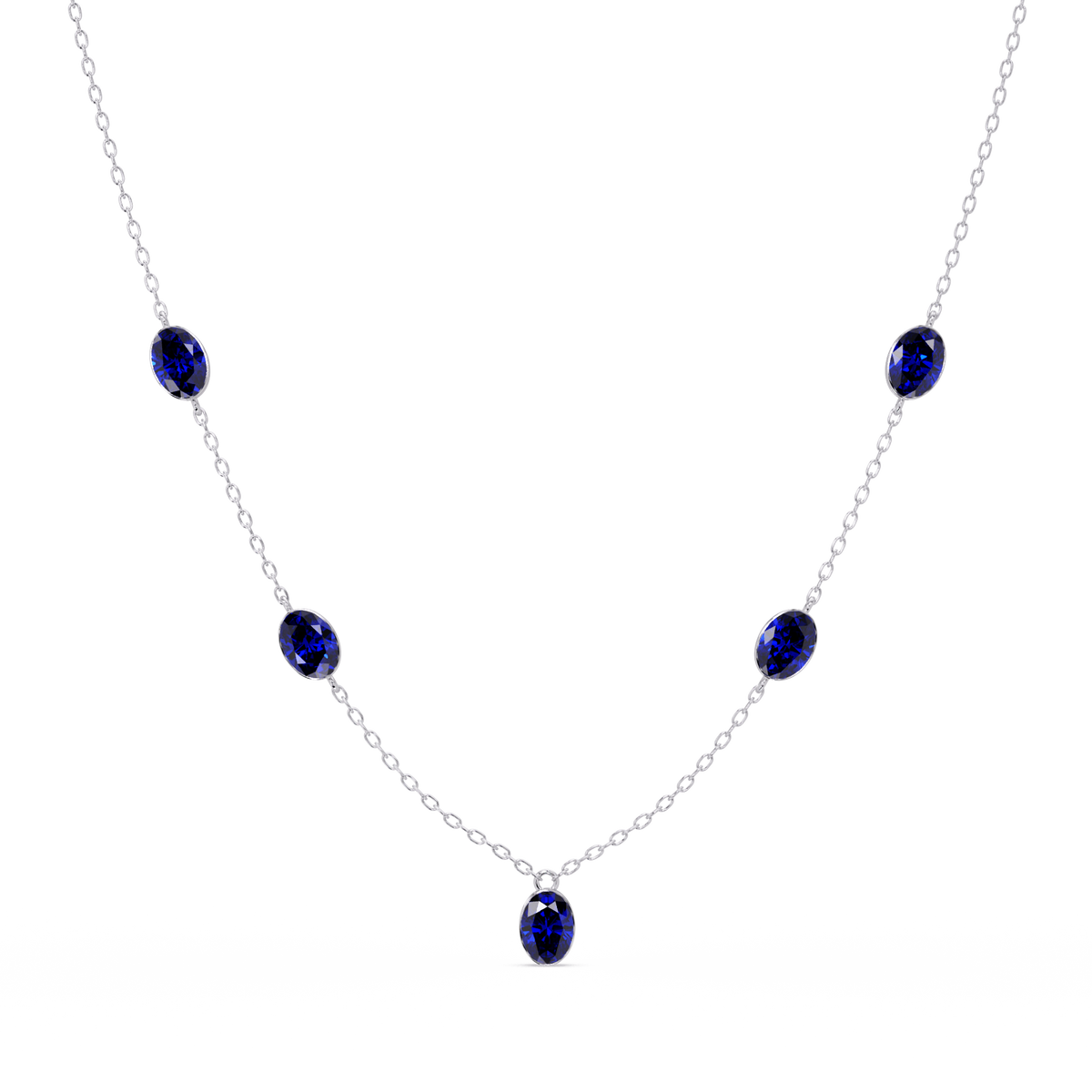 3.7 CTW Oval Colorstone Station Necklace - White Gold Sapphire Blue