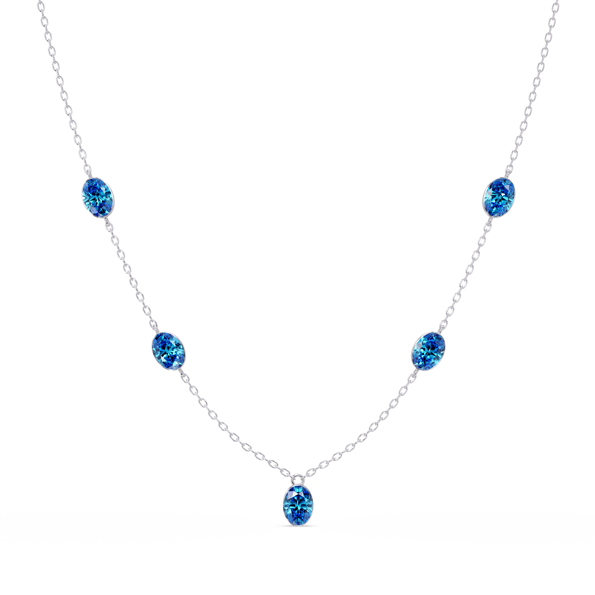 3.7 CTW Oval Colorstone Station Necklace - White Gold Aquamarine Blue
