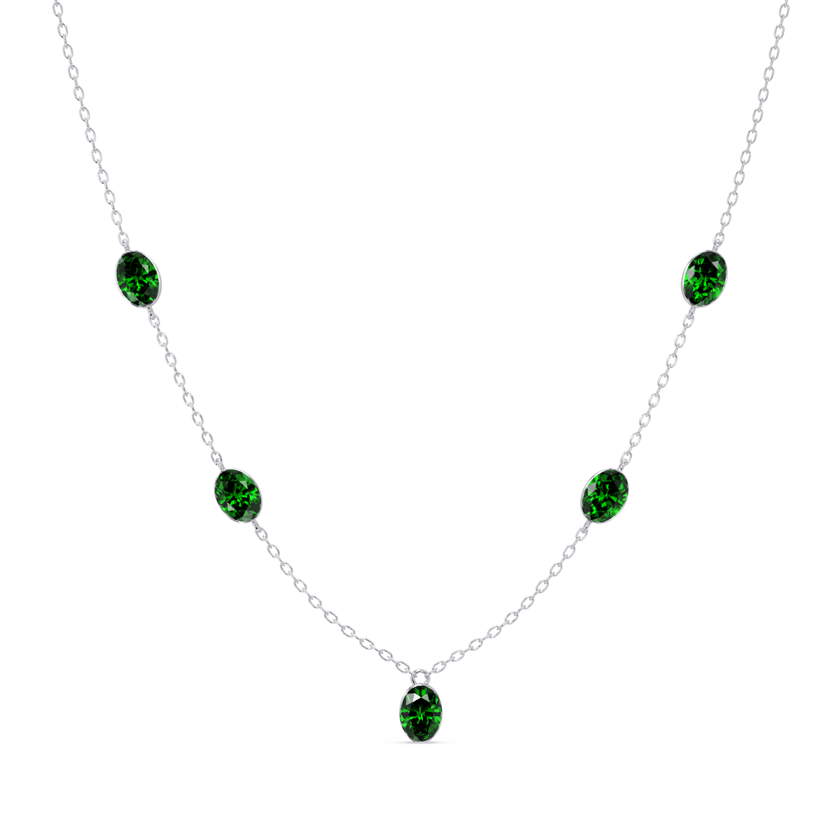 3.7 CTW Oval Colorstone Station Necklace - White Gold Emerald Green