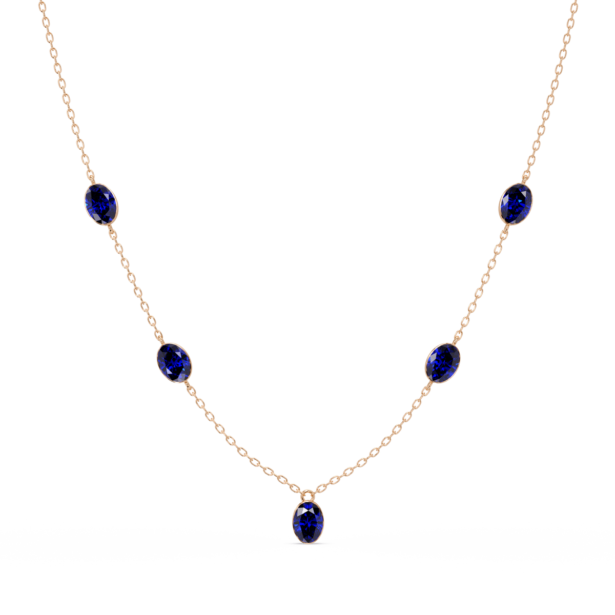 3.7 CTW Oval Colorstone Station Necklace - Rose Gold Sapphire Blue