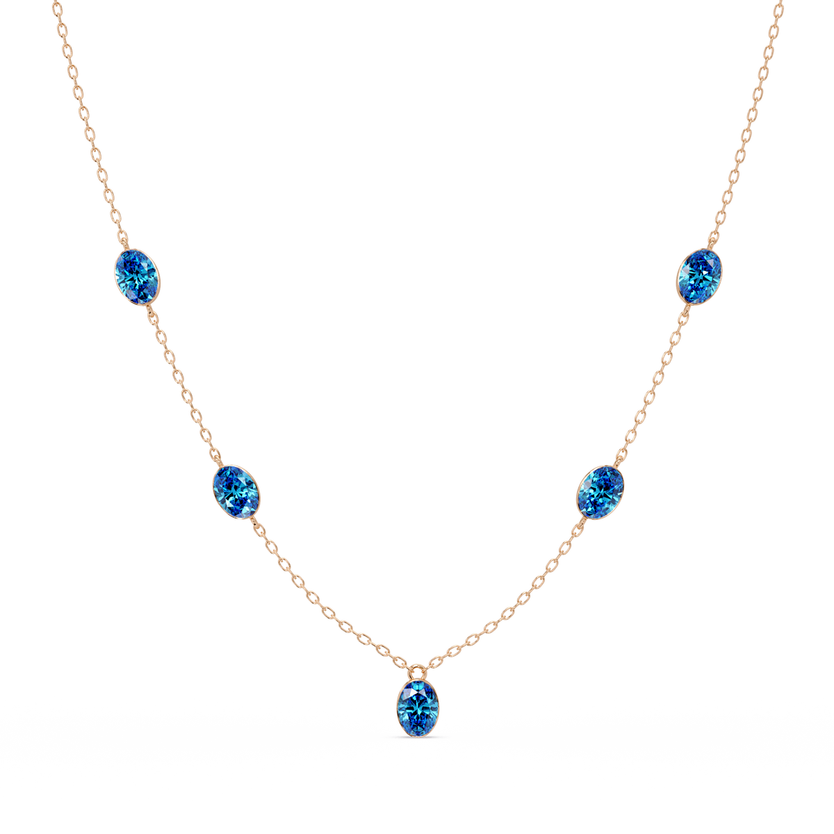 3.7 CTW Oval Colorstone Station Necklace - Rose Gold Aquamarine Blue